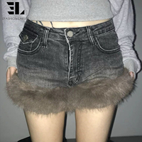 Celana Pendek Denim Patchwork Bulu Imitasi LARSUR Custom Factory, Model Distress Wash, untuk Wanita