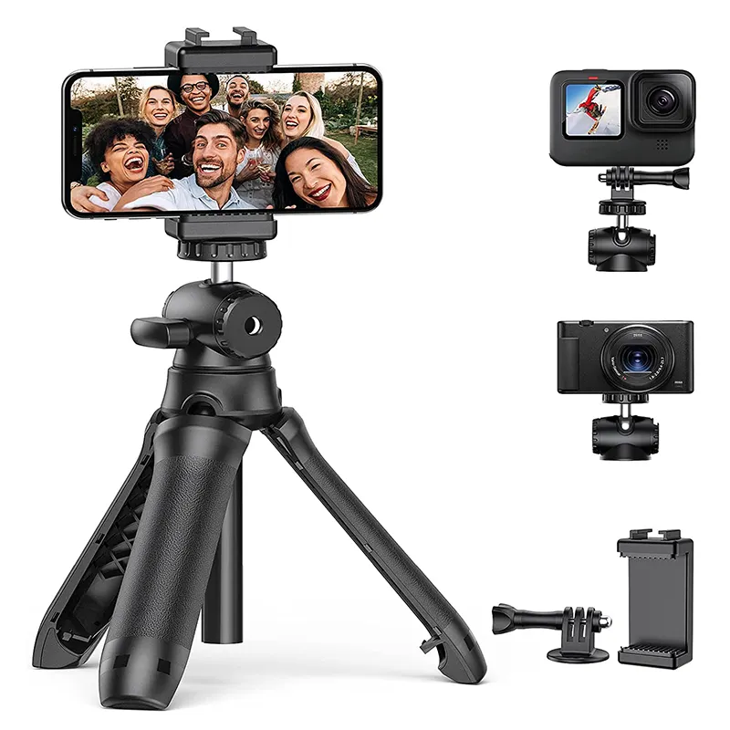 Portable Small Extendable Webcam Mini Tripod with Phone Holder and Action Camera Adapter for Travel Vlogging Video Recording