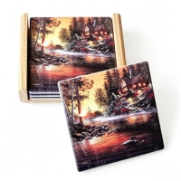 Offre Spéciale – Sous-verres en céramique personnalisables imprimés UV, motif cabane de montagne et lac, motif coucher de soleil forêt rustique, résistants à la chaleur et antidérapants pour table