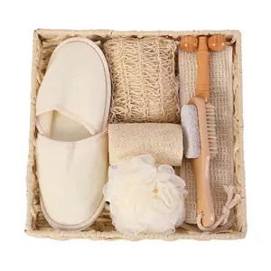 8-in-1 Natural Shower Set for Body Care Includes Bath Ball Foot Stone Face Massager Sponge Loofah Belt Slipper Sisal Basket