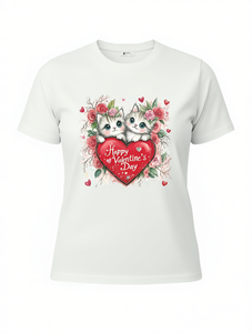 T-shirt casual da donna per San Valentino con stampa di cuori di gatti, girocollo, manica corta, top in cotone traspirante, abbigliamento primaverile ed estivo - Product Image 1