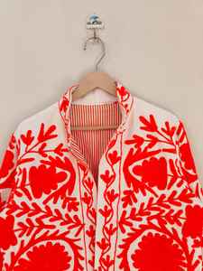 <b>White</b> <b>Jacket</b> with Orange Hand Embroidered Suzani <b>Jacket</b> Floral Folk Art Cropped Boho <b>Jacket</b> Handmade Ethnic Statement Outerwear - Product Image 2