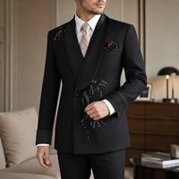 Blazer noir croisé en satin à revers châle, broderie blanche motif bambou, coupe ajustée, pour costumes de mariage formels pour hommes