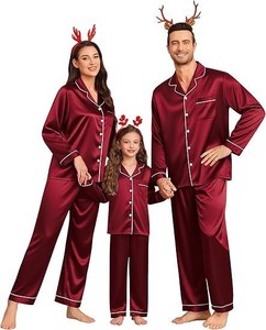 Ensemble de pyjamas en satin doux assortis pour la famille, polyester, rouge vin, manches longues, vêtements de nuit pour adultes et enfants, vêtements de maison pour les vacances - Product Image 4