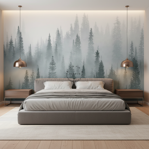 Carta da Parati Impermeabile Verde Scuro con Alberi Botanici Moderni, Decorazione Murale Personalizzabile per Camera da Letto, Paesaggio di Foresta Nebbiosa - Product Image 3