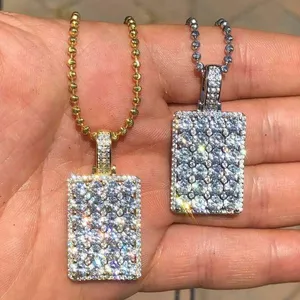 luxury iced out bling diamond rectangle cz pendant jewelry silver gold two tone plated cz bead chain necklace for men