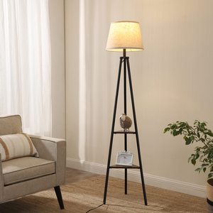 Industrial Standing Storage <strong>Lamp</strong> Living Room Beige Linen Shade <strong>Tripod</strong> <strong>Floor</strong> <strong>Lamp</strong> <strong>with</strong> <strong>Shelves</strong> - Product Image 1