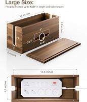 Boîte de gestion des câbles moderne en bois d'acacia 15"L x 6"W avec couvercle magnétique, 3 fentes ouvertes, protection contre les surtensions, multiprise pour bureau