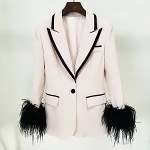 H3306 Kimshein Fashion Design Ladies Formal Blazer Office Black Side V Neck Long Sleeve With Feathers Womens Blazers And Coats