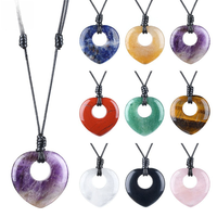 Collier pendentif cœur en cuivre et pierre naturelle 40 mm, fait main, œil de tigre et améthyste avec chaîne en bambou, tendance pour femme