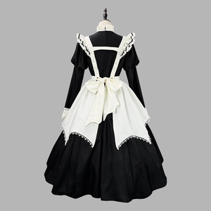 Medieval Gothic Lolita Puff Sleeve Long Dress Women Black Cosplay Maid Two Piece Set - Product Image 3