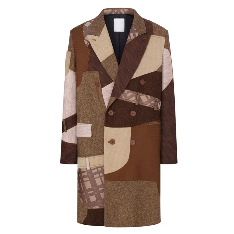 Хит продаж, двубортное пальто на пуговицах с лацканами, винтажное коричневое лоскутное шерстяное пальто для мужчин