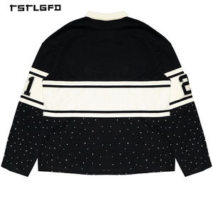 Camiseta personalizada para hombre con parche bordado desgastado, 100% algodón, con pedrería, corte holgado, manga larga. - Product Image 2