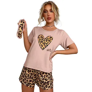 Damen Casual Set, Home Wear Print Muster Sommer Großhandel Pyjamas, Damen Kurzarm Shorts mit Leoparden muster, zweiteilig