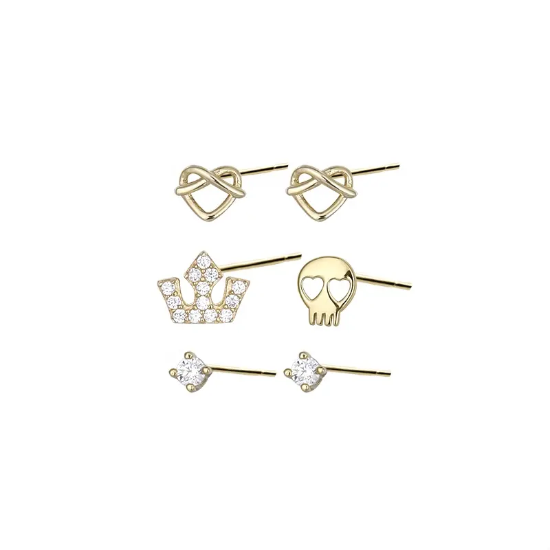 Cute style mini earrings 925 Sterling SIlver Heart Zircon Crown 18K gold earring stud set