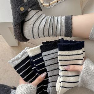 Women's Striped Mid Calf Socks Autumn Winter Warm Thermo Korean Style Lace Cropped Socks Polyester 95% - Product Image 1