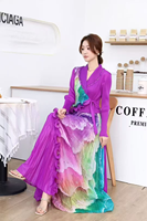 Vestido Casual para Mujer al por Mayor de Fábrica, Cuello en V, Manga Larga, Talla Grande, Estampado Floral, Chifón Tejido, Cinturón con Cuentas, Plisado, Elegante