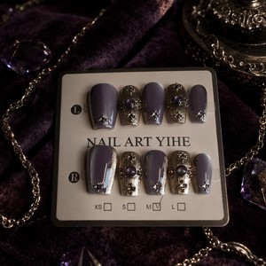 Faux ongles en acrylique à pression avec strass violets, couvrance totale, longueur moyenne, avec colle pour doigts - Product Image 2