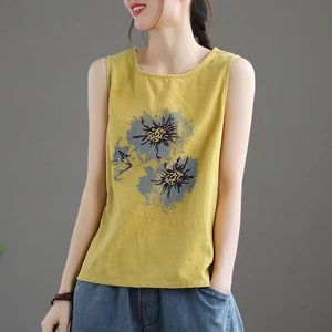 Cotton Linen Camisole Vest For Women Pink Artistic Floral Print Loose Fit Summer Top Breathable Outerwear <b>Base</b> <b>Layer</b> - Product Image 3