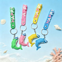 Porte-clés créatif en PVC souple en forme de dauphin de dessin animé avec dragonne pour souvenirs de plage