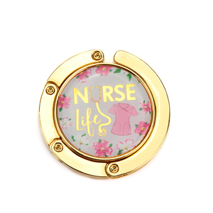 Foldable Purse Hanger for <b>Table</b> Gold Plated <b>Metal</b> <b>Folding</b> Bag Hook Resin Epoxy Printed Custom Logo Purse Holder Bulk - Product Image 1