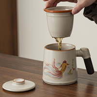Tasse à thé en céramique de style chinois traditionnel avec infuseur, couvercle et poignée en bois, nouveau design rétro de style chinois Ru Kiln pour la maison et le bureau