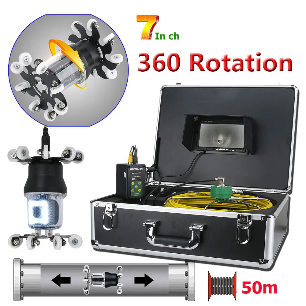 50m 7 inch Pipe Inspection Video Camera Drain Sewer Pipeline Industrial Endoscope with IP68 38 LEDs 360 Degree Rotating Camera