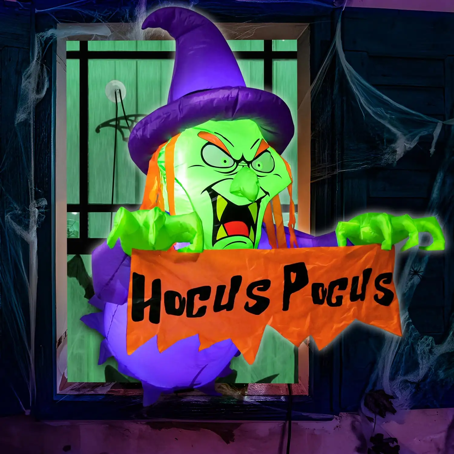 Décorations gonflables de sorcière d'Halloween de 4 pieds sorties de la fenêtre avec la bannière Hocus Pocus