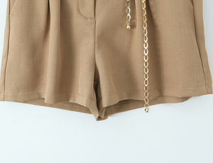 <strong>Khaki</strong> Color Zipper Fly Sashes Pleated Casual Fashion Summer <strong>Shorts</strong> for <strong>Women</strong> - Product Image 5