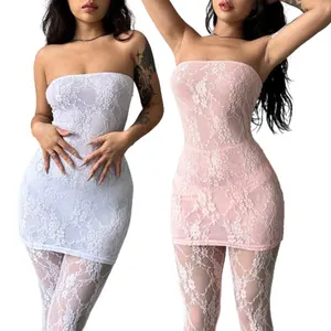 2024 Popular Party Club Wear Women Clothing Solid Color Hot Sexy Mesh Lace Off Shoulder Set Tube Top Dress Two Piece