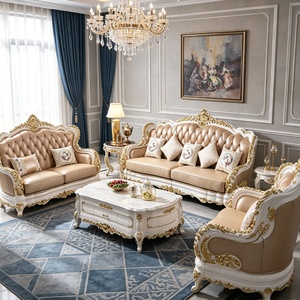 Ensemble de canapés en cuir véritable de luxe européen, 3 places, <span class=keywords><strong>2</strong></span> places, fauteuil, cadre en bois sculpté doré, salon, style classique palais - Product Image 3