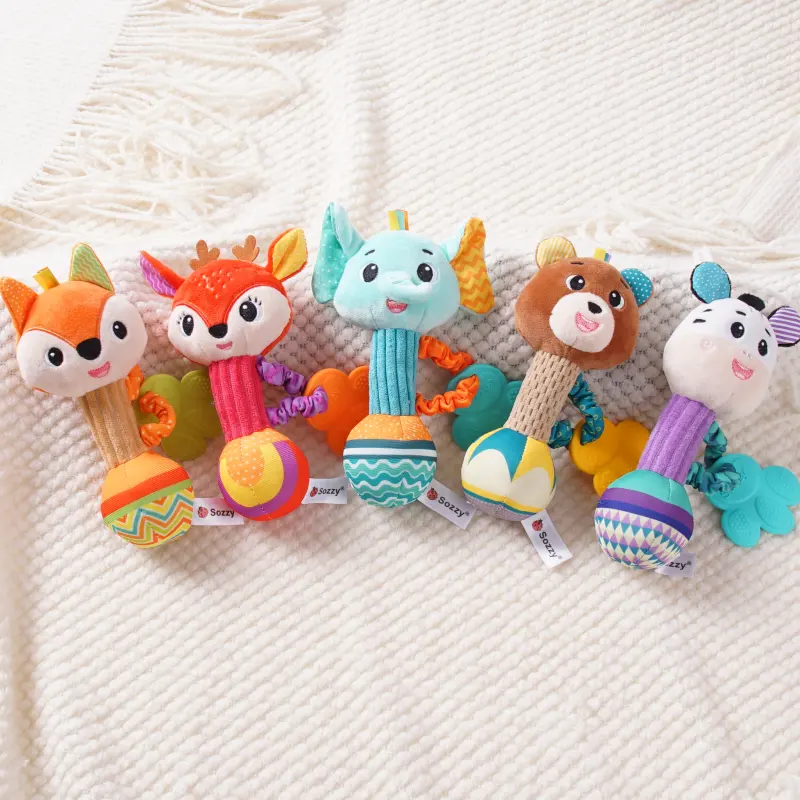 Sozzy Wholesale Newborn Stuffed Plush Animals Baby Rattle Sensory Hanging Rattles Soft Learning Toys
