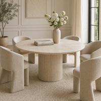 Table à manger ronde en pierre calcaire beige crème, table sur piétement en pierre naturelle avec base cannelée festonnée pour projet de villa moderne OEM