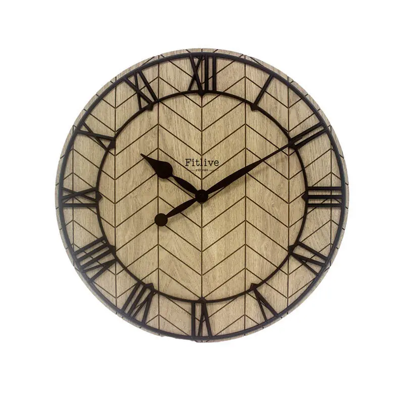 Bauernhaus-Stil-Uhr Holztextur MDF-Material 18-Zoll-Wanduhr aus Holz Heimdekoration Nadel-Anzeige römische Zahlen Terrassenuhr