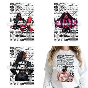 Adesivo Termotrasferibile DTF Lavabile Pronto da Applicare per Felpe con Cappuccio, con Scritta Motivazionale 'Hustler Girl Self Made' e 'Afro Women Love Saying' - Product Image 1