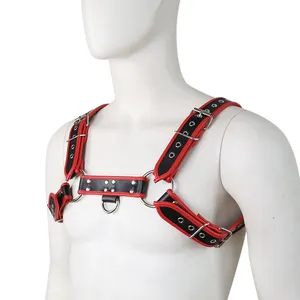 Casaco de arnês do corpo dos homens vermelhos pretos Wearable Jacket Handsome Warrior Pin Button ajustável SM Leather Harness Coat Adult Sex Toys