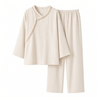 Ensemble de pyjama en coton et lin pour femmes, style chinois, jacquard, manches longues, pantalon long, 2 pièces, doux, respirant, vêtements de détente à la maison