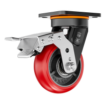 Roue à roulement à billes montée sur plaque, pneu en polyuréthane rouge, roue à nervures, capacité de charge personnalisée pour chariot logistique, carton en vrac, faible MOQ, OEM