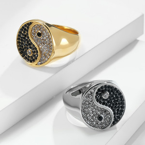 Bague en acier inoxydable avec symbole Tai Chi pour homme, micro-pavé de diamants noirs et blancs, bijou cadeau - Product Image 2