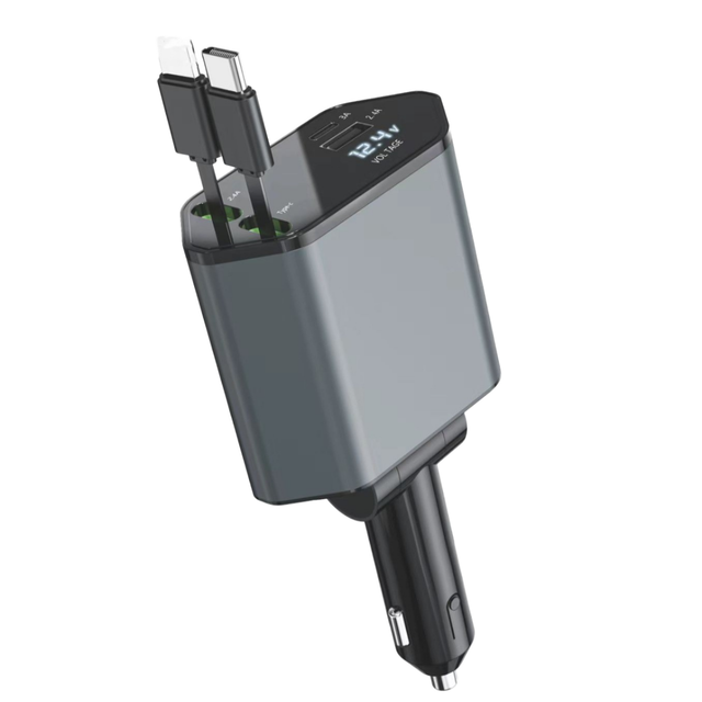 120W Car Charger 4-in-1 Retractable USB Type-C Cable with Lamp Cigarette Lighter for Mobile Phones