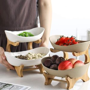 Alzata in bambù a 2 livelli banchetto di nozze ciotola di frutta in ceramica vassoio da Dessert a strati in porcellana a doppio strato con supporto - Product Image 3