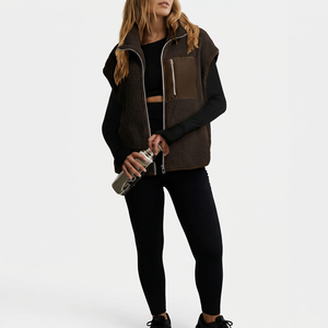 Gilet en polaire sherpa marron rouille pour femme, le plus vendu, avec poche poitrine zippée contrastante, col montant, style décontracté, OEM - Product Image 1
