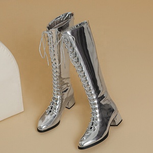 Big Size 46 Women Western Winter Knee-High <b>Boots</b> Lace-Up Low Chunky Heels Gold/Silver Patent Leather Zipper Closure Wide Fit - Product Image 4