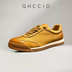 QHCCID Zapatillas retro para hombre, primera capa de piel de vaca, tacón bajo, transpirables, informales, deportivas, de color sólido, con cordones, para uso diario - Product Image 3