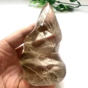 Healing crystal flame ornament Hand carved natural smoky quartz crystal flame