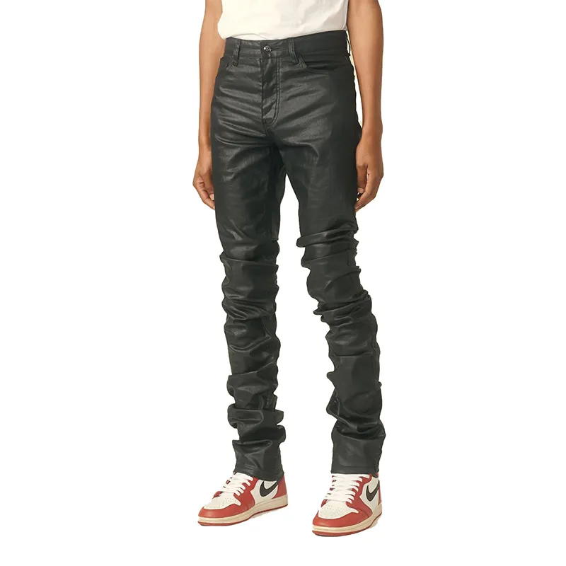 Support Low MOQ Black Wax Stacked Denim Slim Fit Designers Customized Jeans For Men