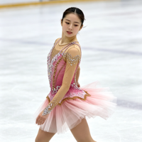 Costume de patinage artistique rose dégradé, robe à manches longues en maille avec strass pour filles adultes, compétition et performance