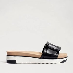 Venta al por mayor personalizado negro Pu <span class=keywords><strong>suela</strong></span> gruesa punta redonda elegante cómodo zapatillas <span class=keywords><strong>Sandalias</strong></span> planas - Product Image 5