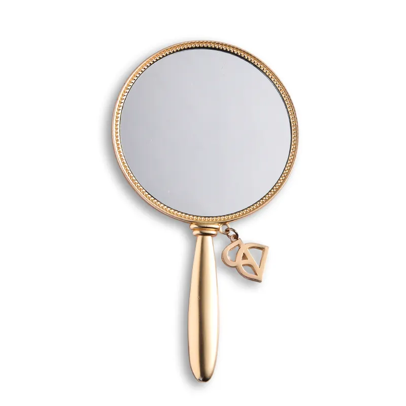 Cermin rias genggam emas, cermin kosmetik logam bulat dipersonalisasi dengan pegangan