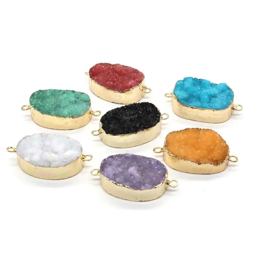 Gold Plated Natural Crystal Druzy Cluster Oval Double Buckle Gold Edge Pendant Necklace Bracelet Earring Accessories